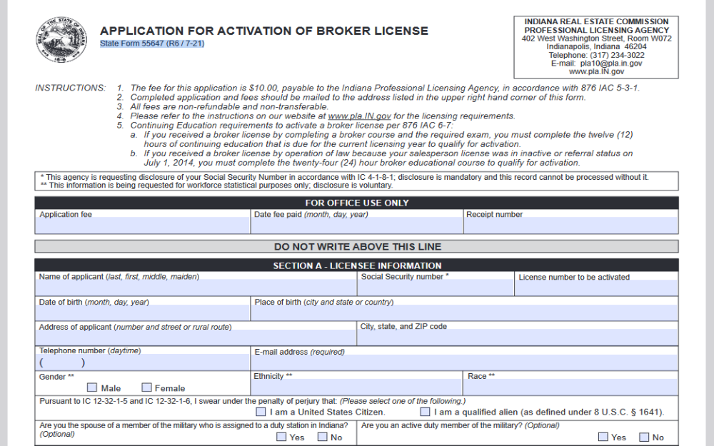 An application form for activation of broker license by the Indiana Real Estate Commission with sections for personal information and professional details.