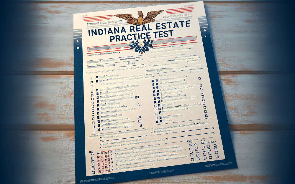 An Indiana Real Estate Practice Test sheet placed on a wooden surface, featuring multiple-choice questions and an official design with an eagle emblem at the top.